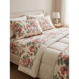 Vtg Dan River King Sheet Set Pink Cabbage Rose Floral 4pc Fitted Flat 2 Pillows